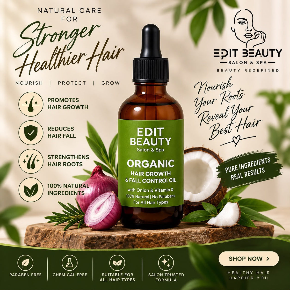 Edit Beauty Organic Hair Growth & Fall Control Oil – Natural Hair Care for Stronger, Healthier Hair